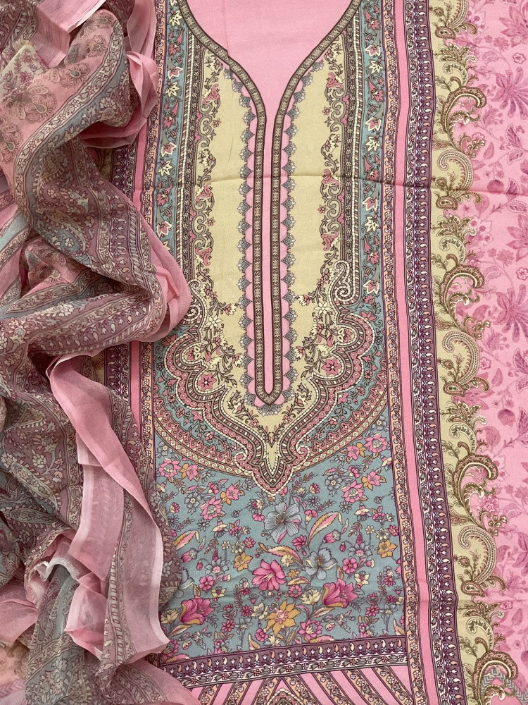 Image of Pure Fine Rayon Cotton Silk Printed Suit - Pink