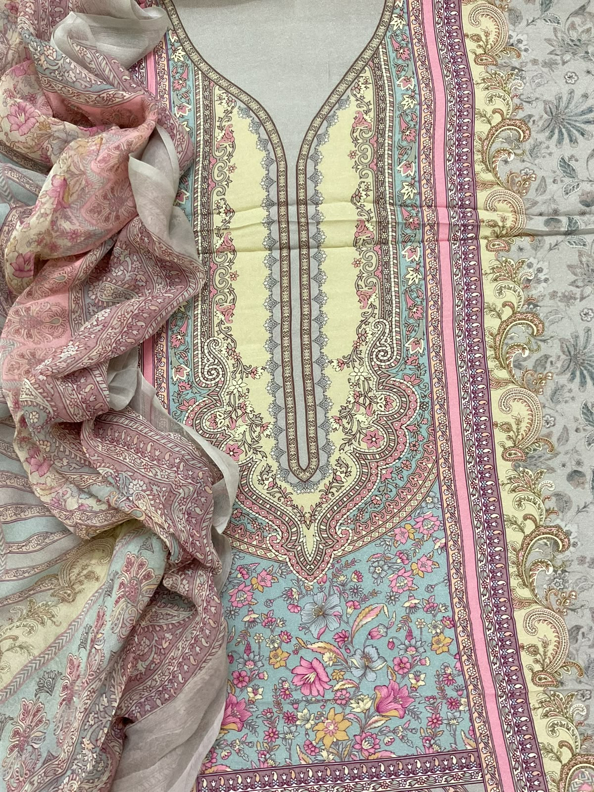 Pure Fine Rayon Cotton Silk Printed Suit - Grey
