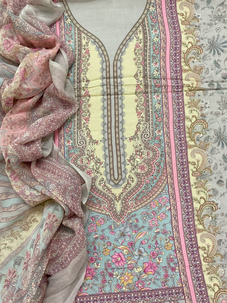 Image of Pure Fine Rayon Cotton Silk Printed Suit - Grey
