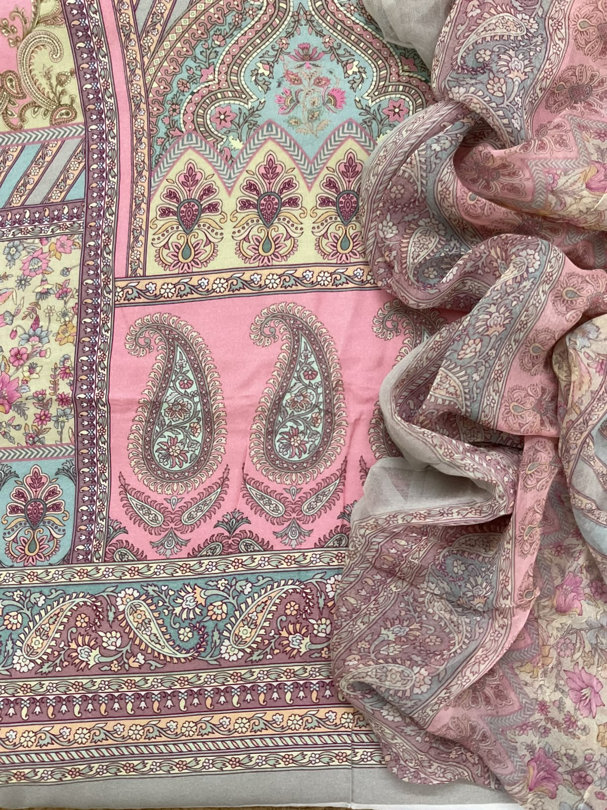 Pure Fine Rayon Cotton Silk Printed Suit - Grey