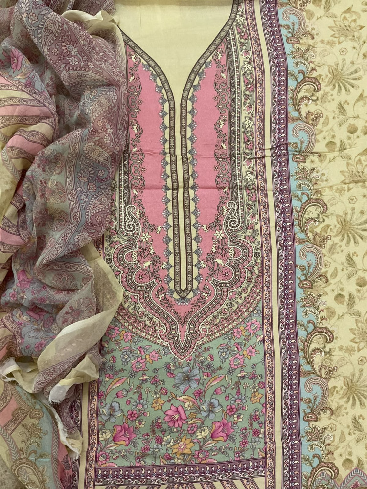 Image of Pure Fine Rayon Cotton Silk Printed Suit - Yellow