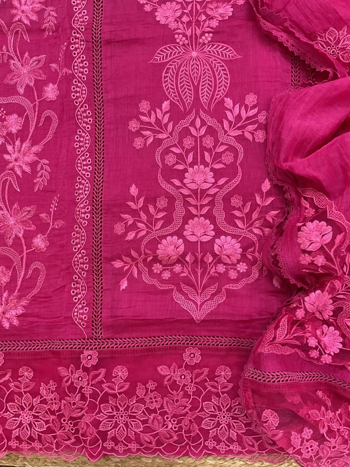 Pure Mul Chanderi Embroidered Suit - Pink