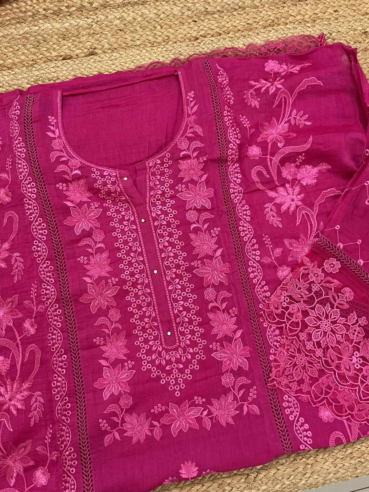 Pure Mul Chanderi Embroidered Suit - Pink
