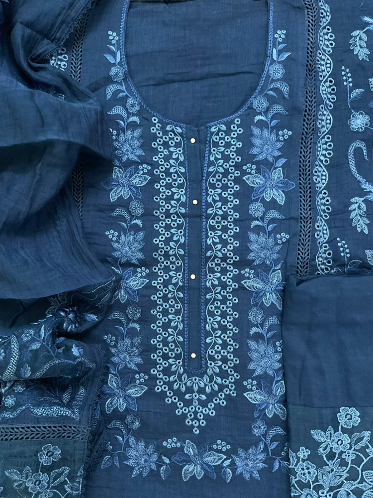Image of Pure Mul Chanderi Embroidered Suit - Blue