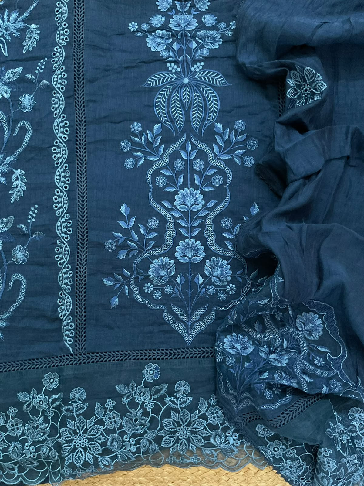 Pure Mul Chanderi Embroidered Suit - Blue