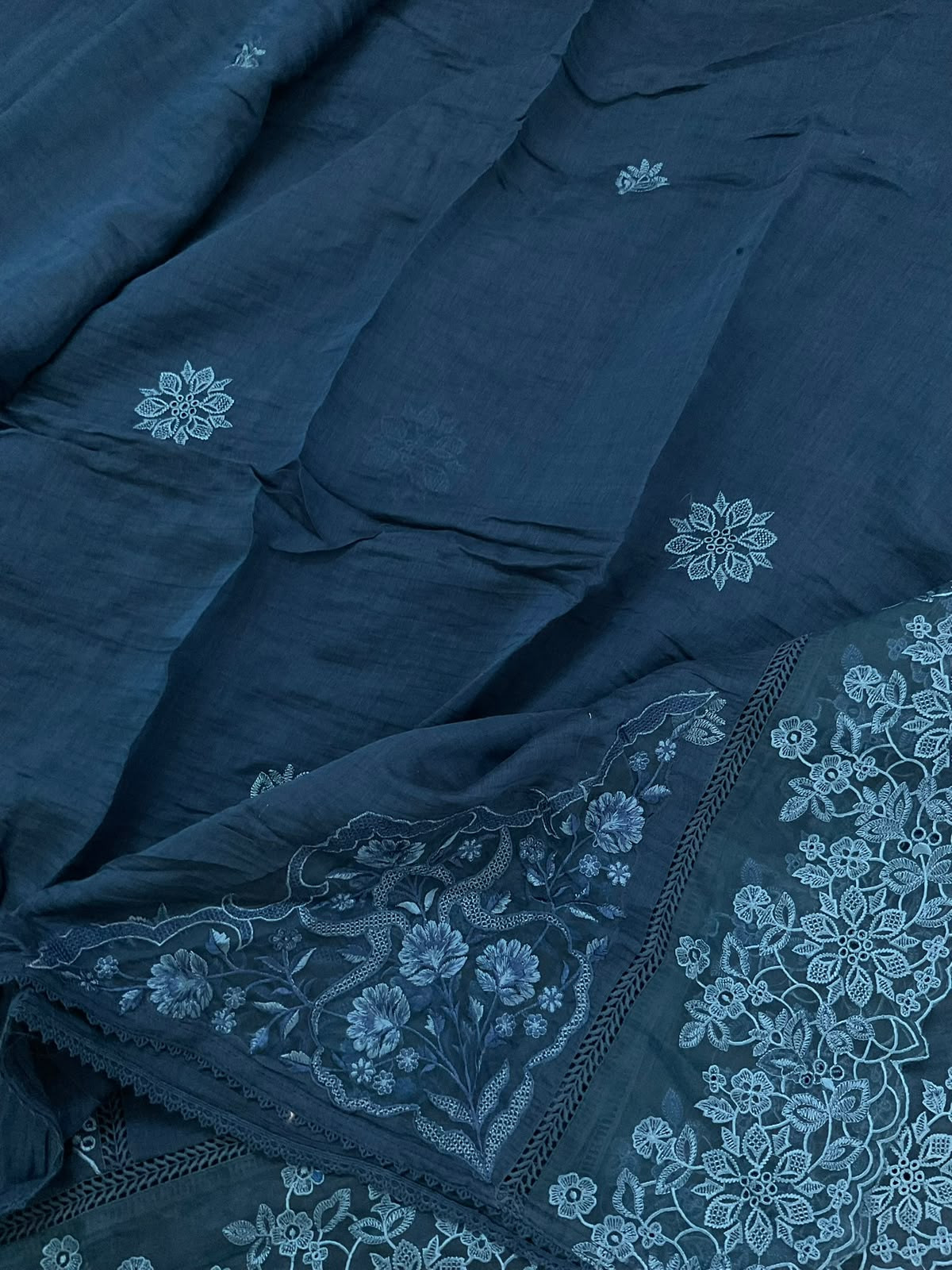 Pure Mul Chanderi Embroidered Suit - Blue