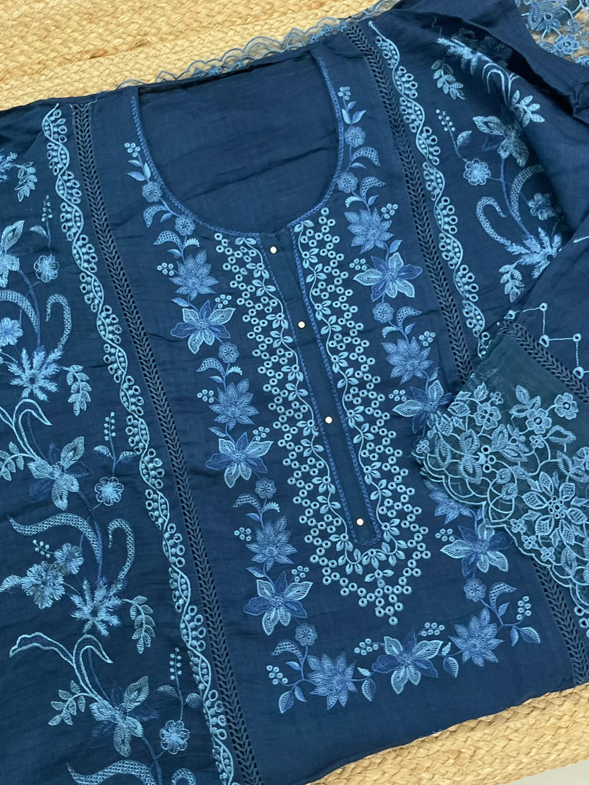 Pure Mul Chanderi Embroidered Suit - Blue