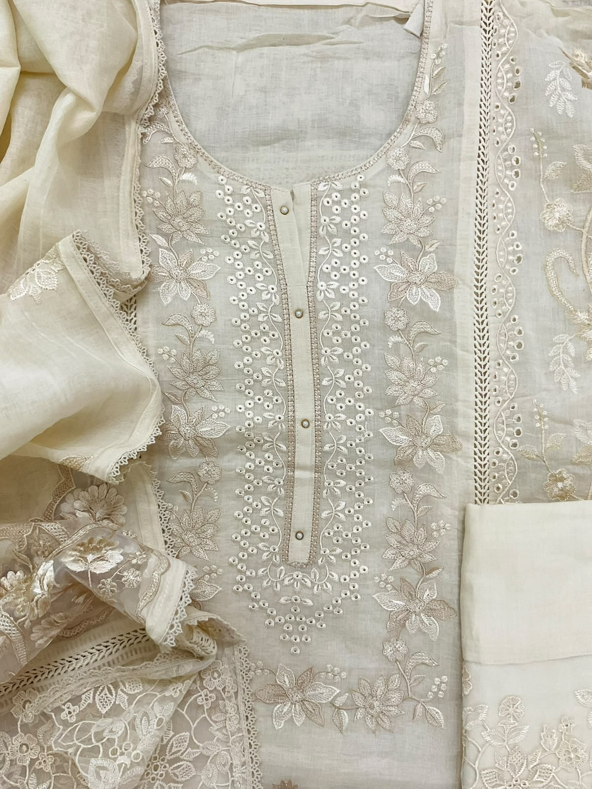 Pure Mul Chanderi Embroidered Suit - OffWhite