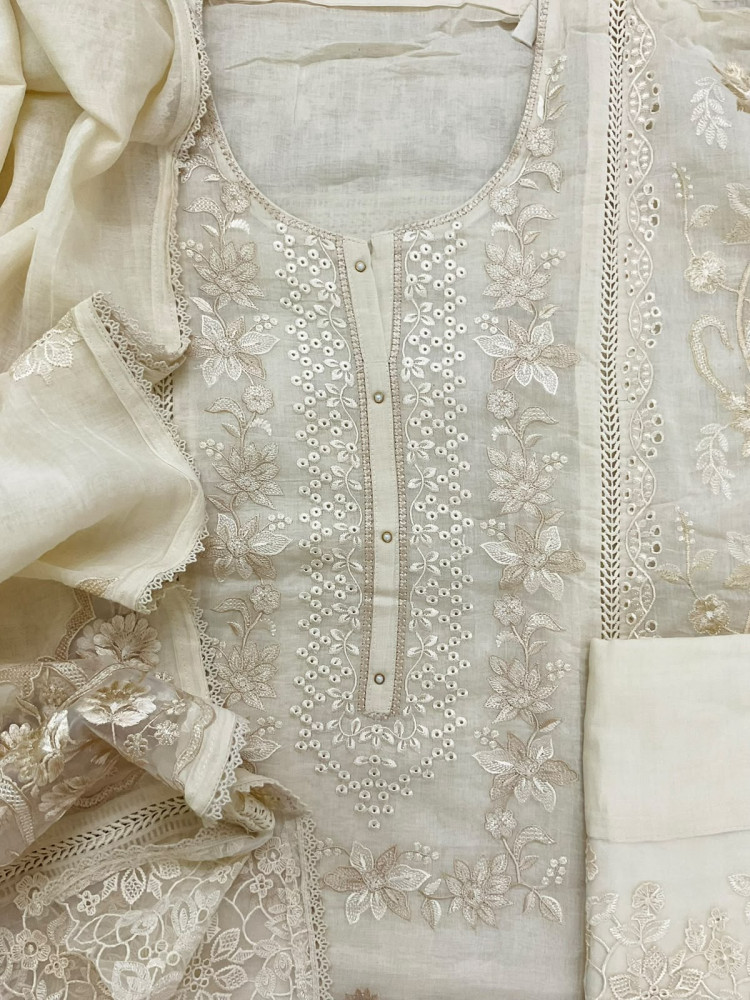 Image of Pure Mul Chanderi Embroidered Suit - OffWhite