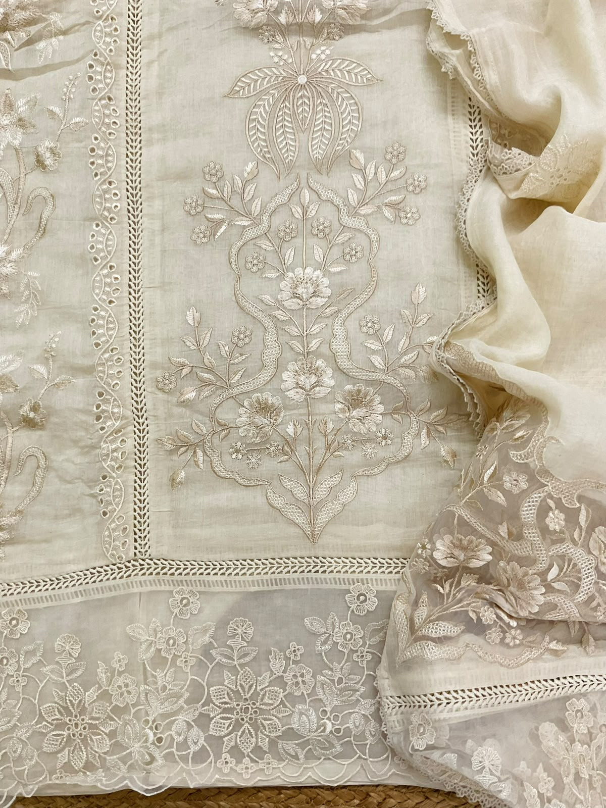 Pure Mul Chanderi Embroidered Suit - OffWhite