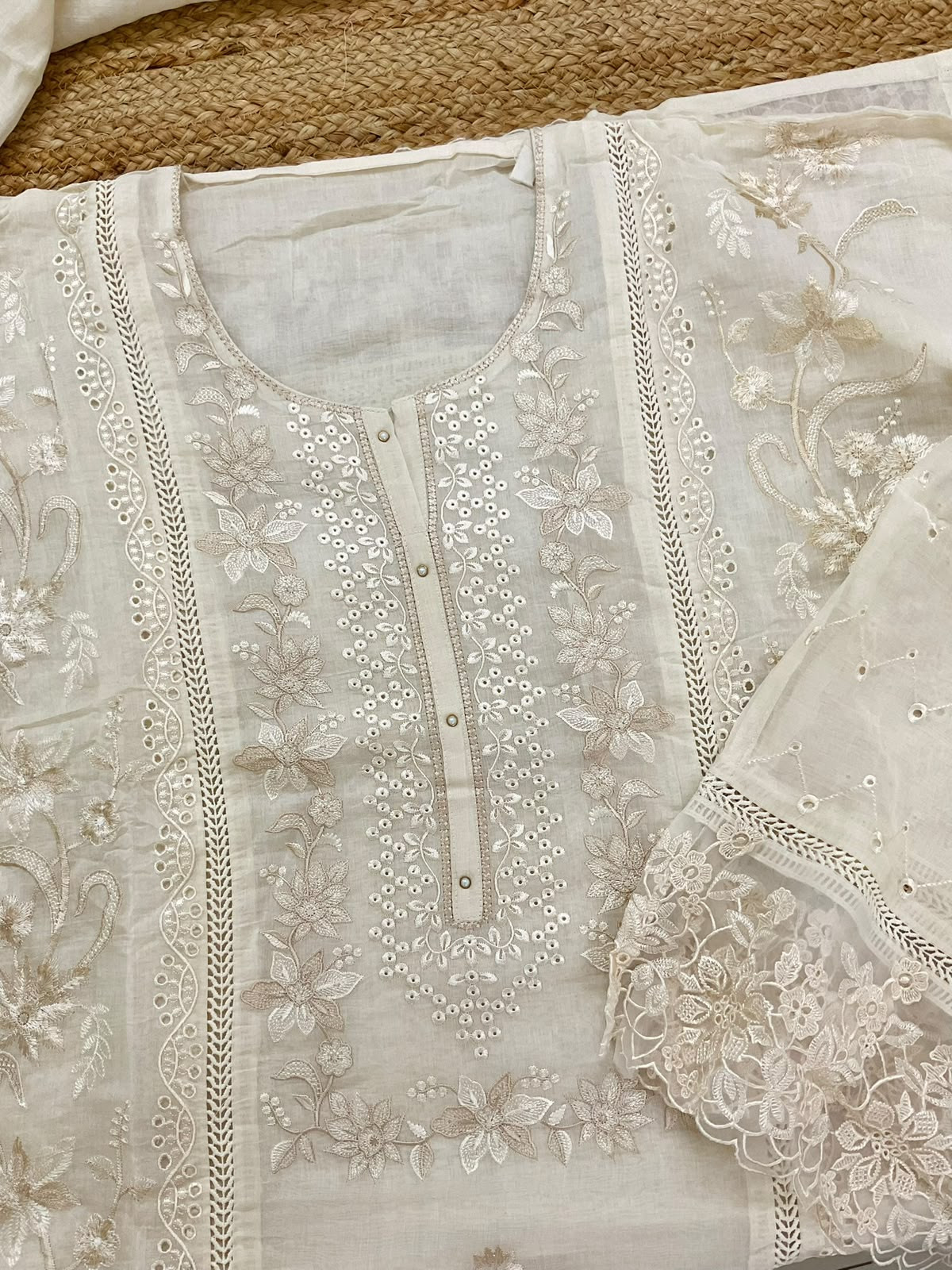 Pure Mul Chanderi Embroidered Suit - OffWhite