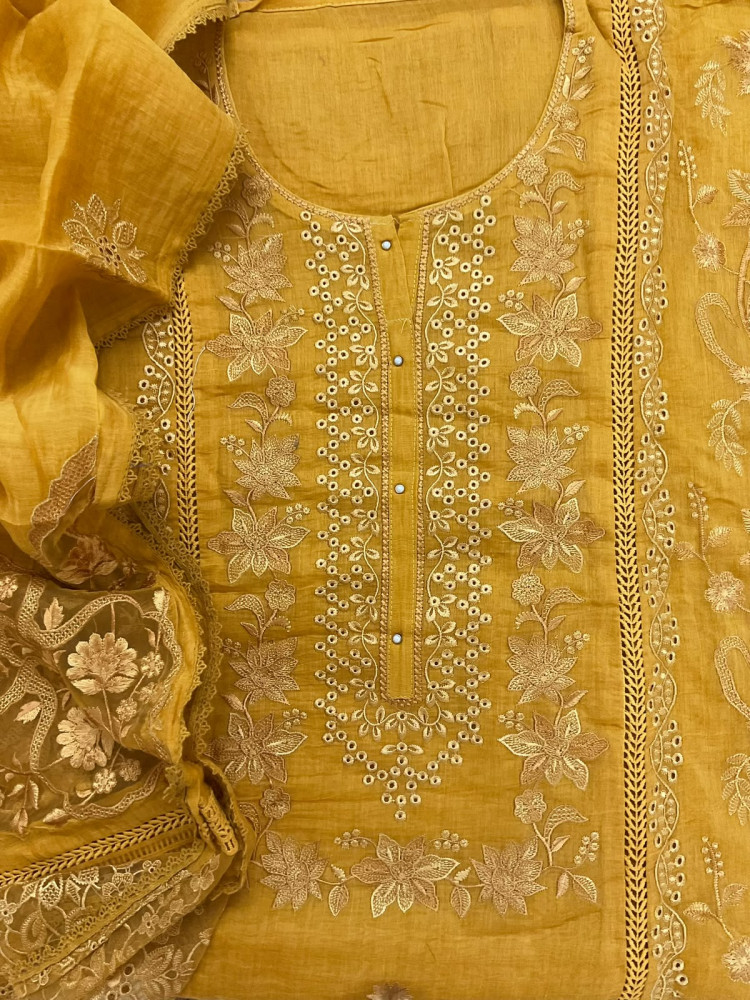 Image of Pure Mul Chanderi Embroidered Suit - Yellow