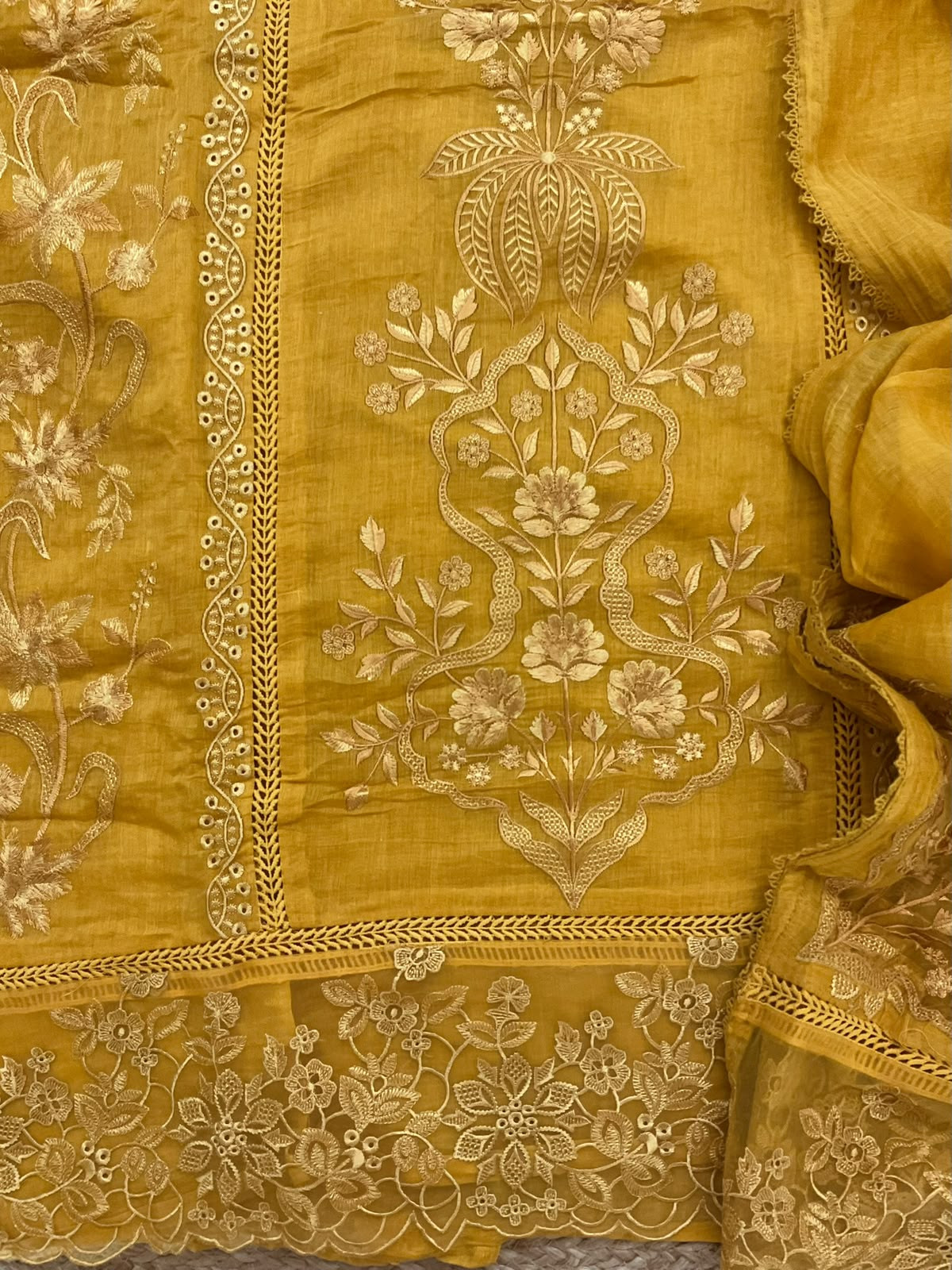 Pure Mul Chanderi Embroidered Suit - Yellow