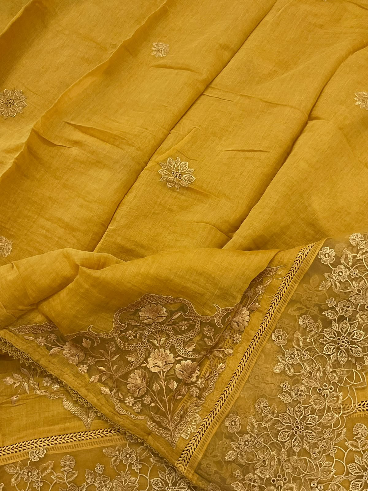 Pure Mul Chanderi Embroidered Suit - Yellow