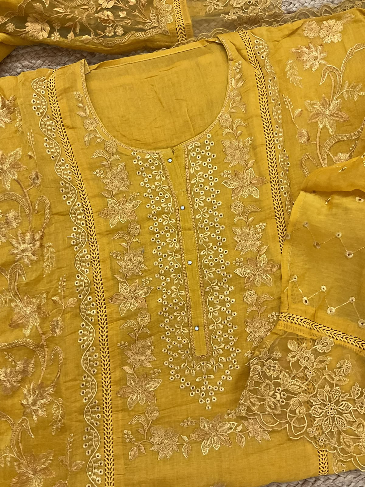 Pure Mul Chanderi Embroidered Suit - Yellow