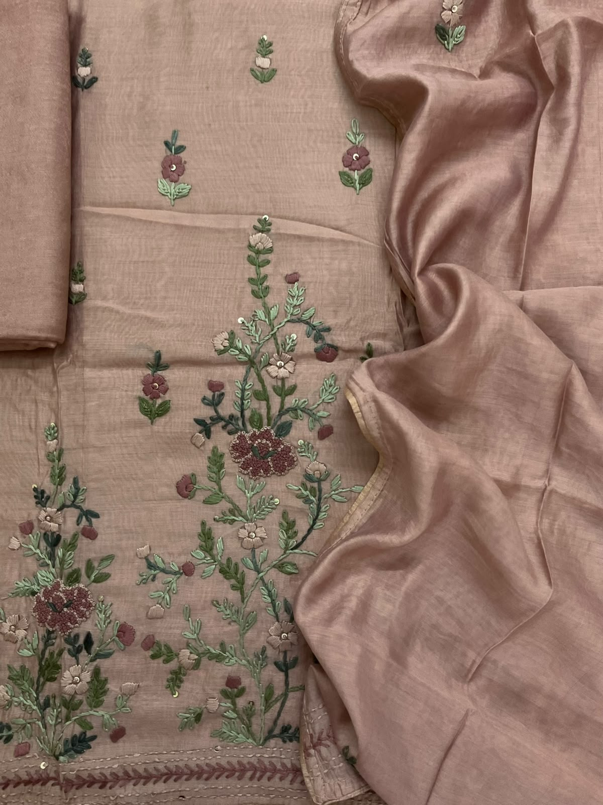Pure Chanderi Embroidered Suit - Beige