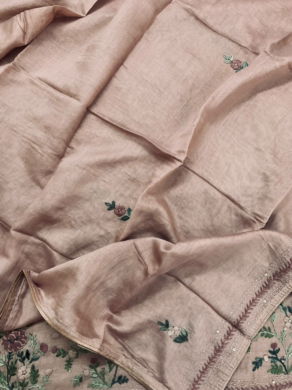 Pure Chanderi Embroidered Suit - Beige