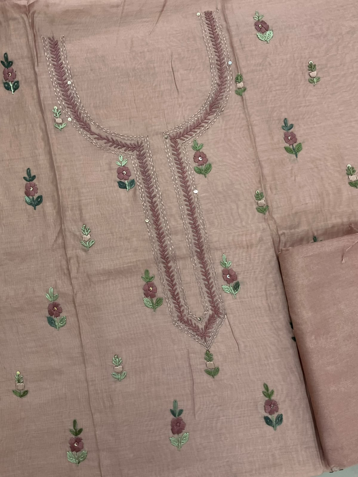 Pure Chanderi Embroidered Suit - Beige