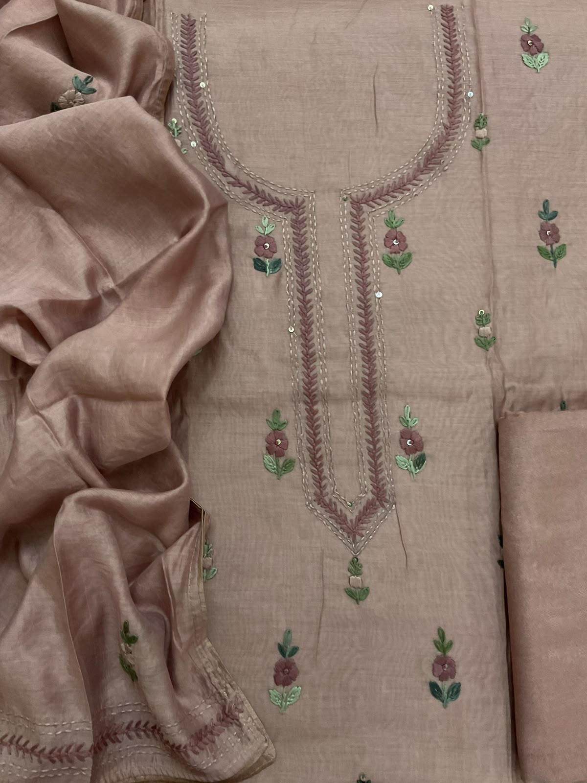Pure Chanderi Embroidered Suit - Beige