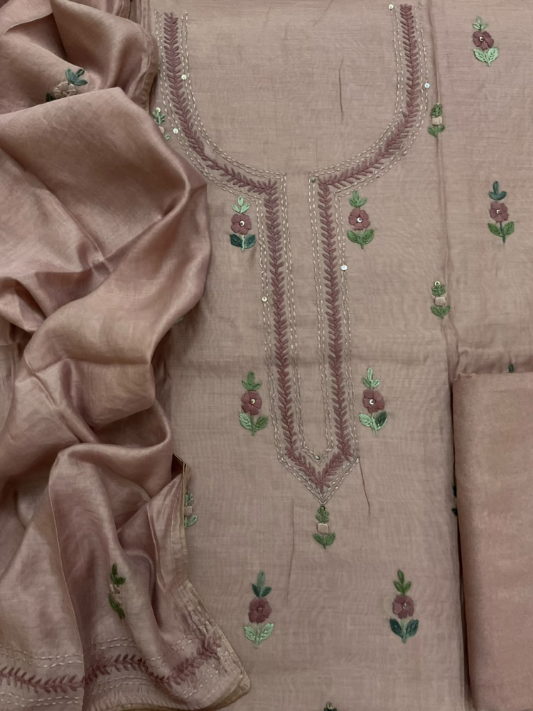 Image of Pure Chanderi Embroidered Suit - Beige