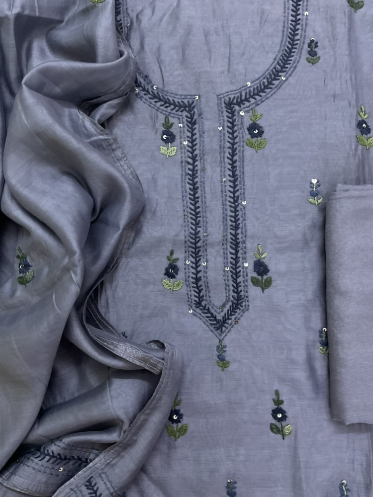 Image of Pure Chanderi Embroidered Suit -Lilac