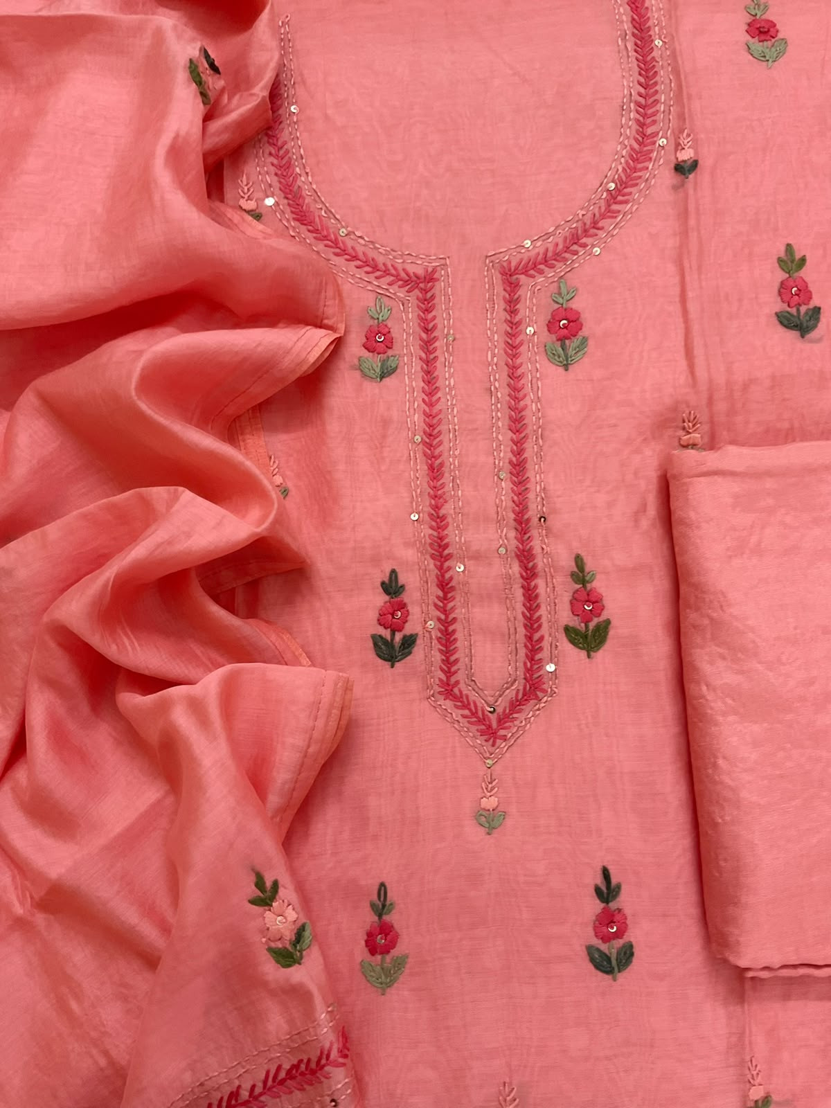 Pure Chanderi Embroidered Suit -Peach