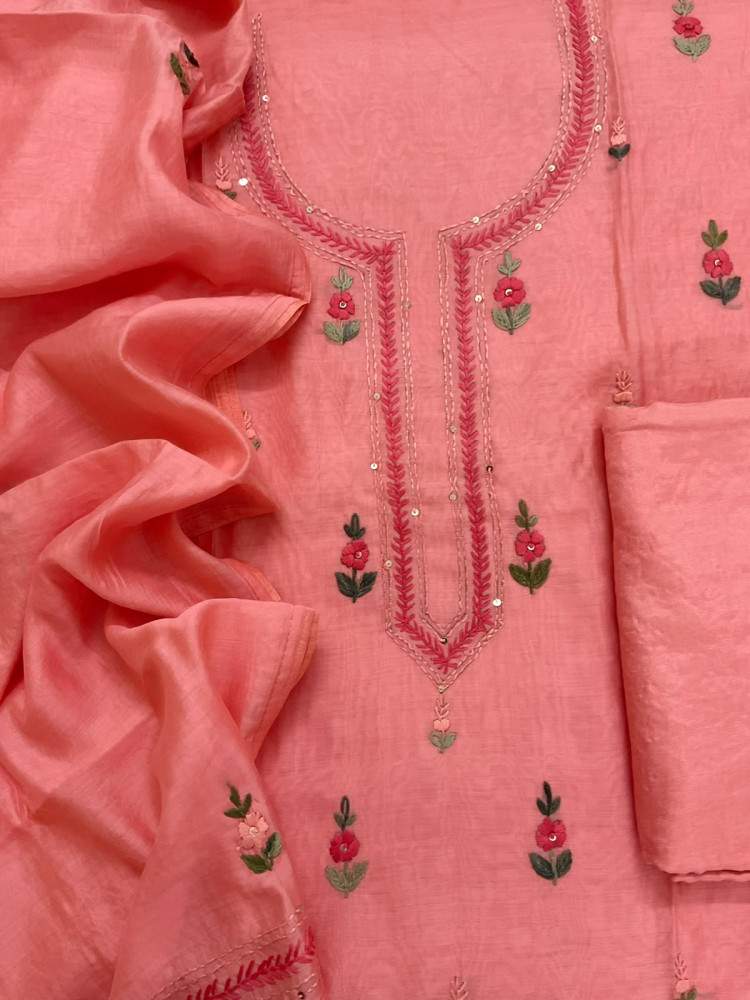 Image of Pure Chanderi Embroidered Suit -Peach