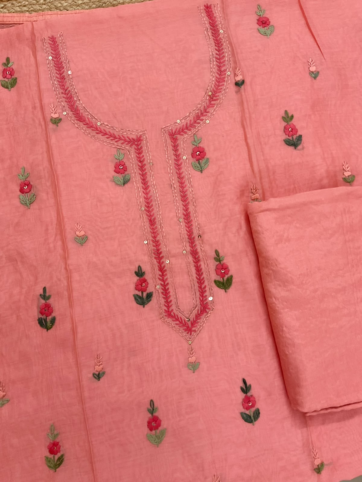 Pure Chanderi Embroidered Suit -Peach