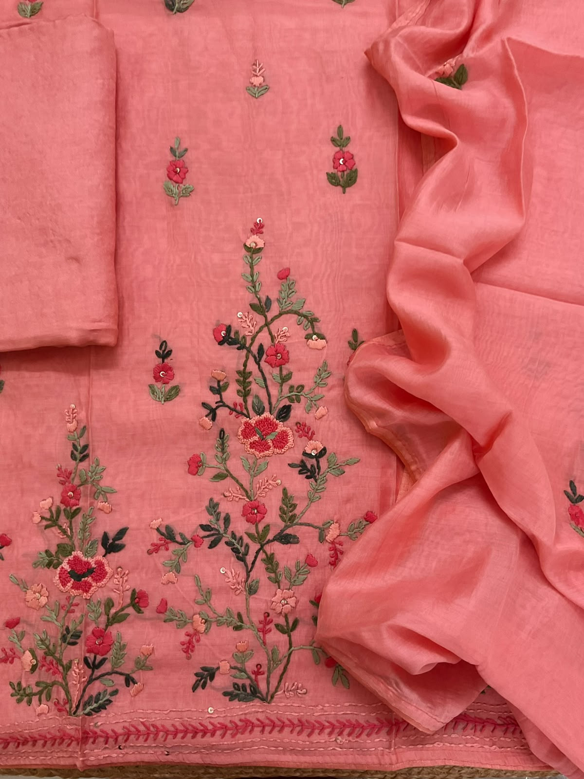 Pure Chanderi Embroidered Suit -Peach