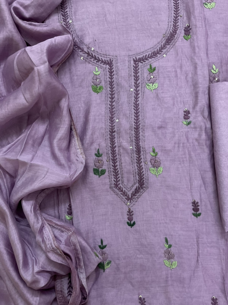 Image of Pure Chanderi Embroidered Suit -Lavender