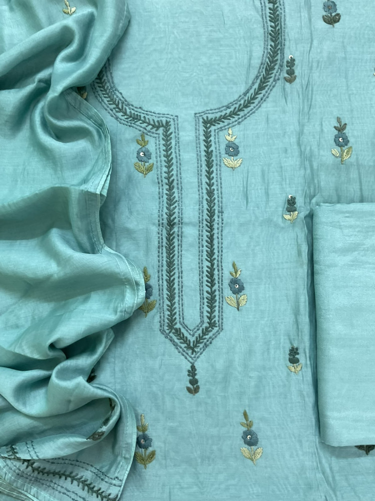 Image of Pure Chanderi Embroidered Suit -Blue