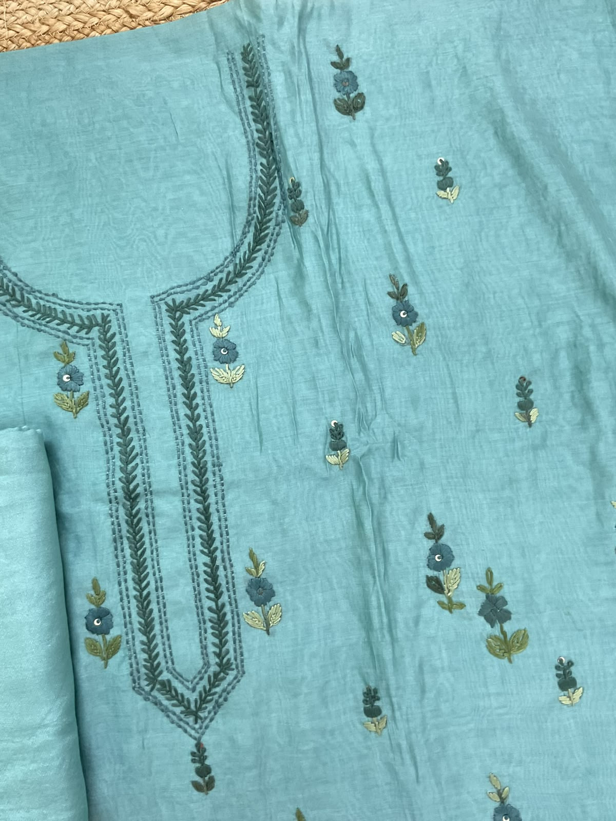 Pure Chanderi Embroidered Suit -Blue