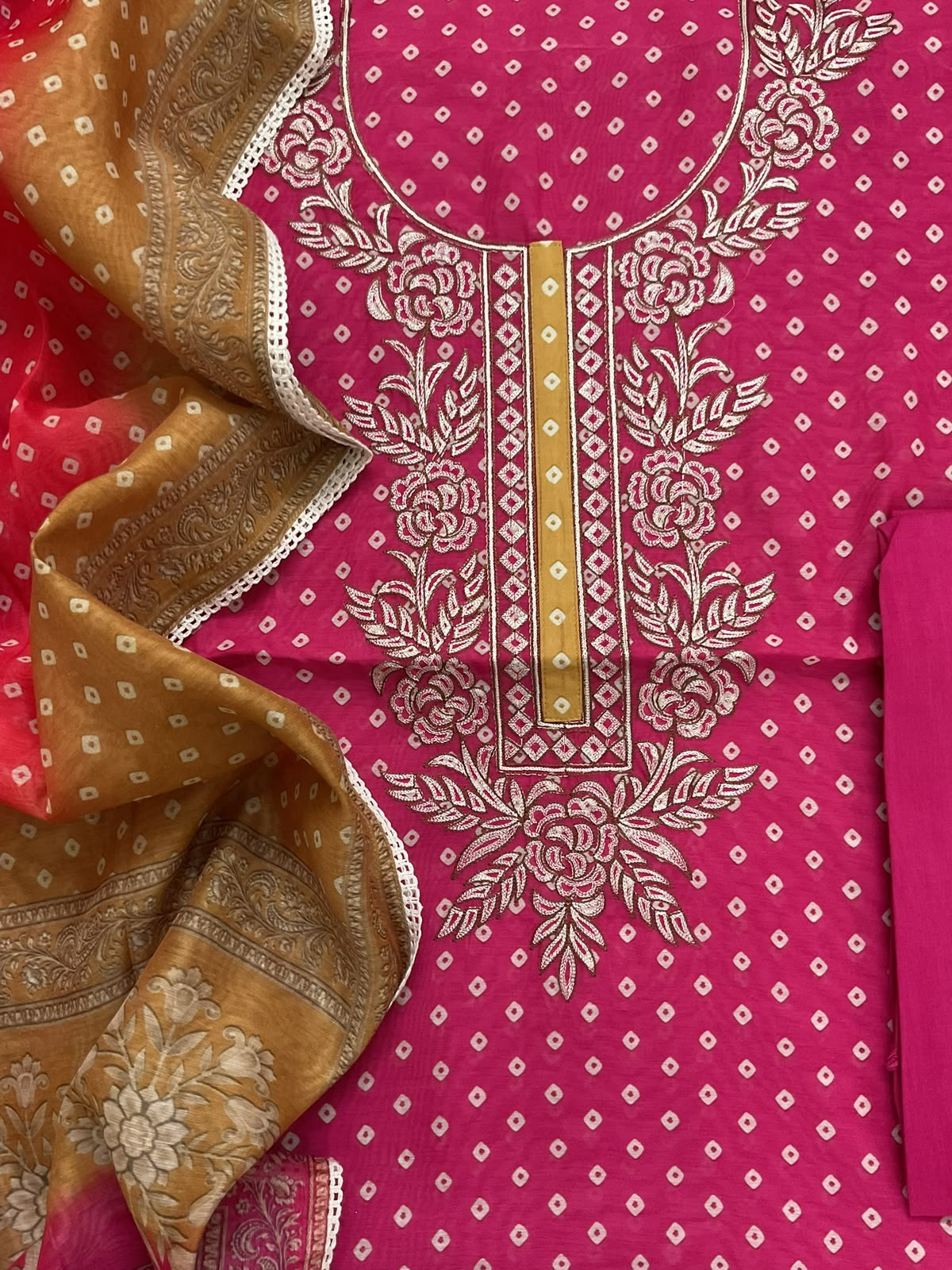 Soft Kora Chanderi Printed Embroidered Suit - Pink