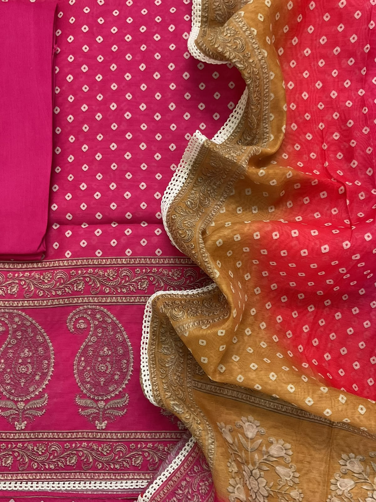 Soft Kora Chanderi Printed Embroidered Suit - Pink