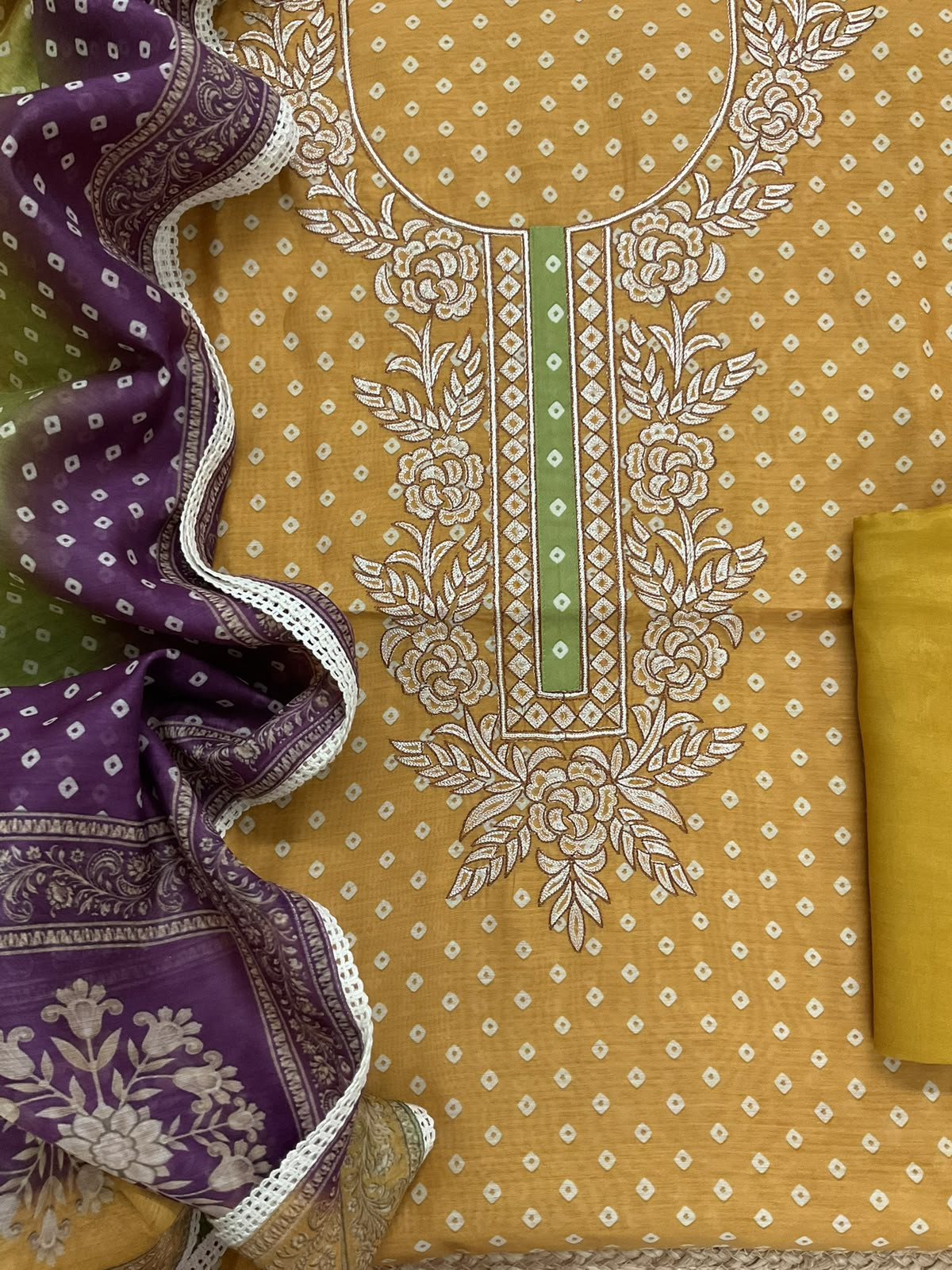 Soft Kora Chanderi Printed Embroidered Suit - Yellow