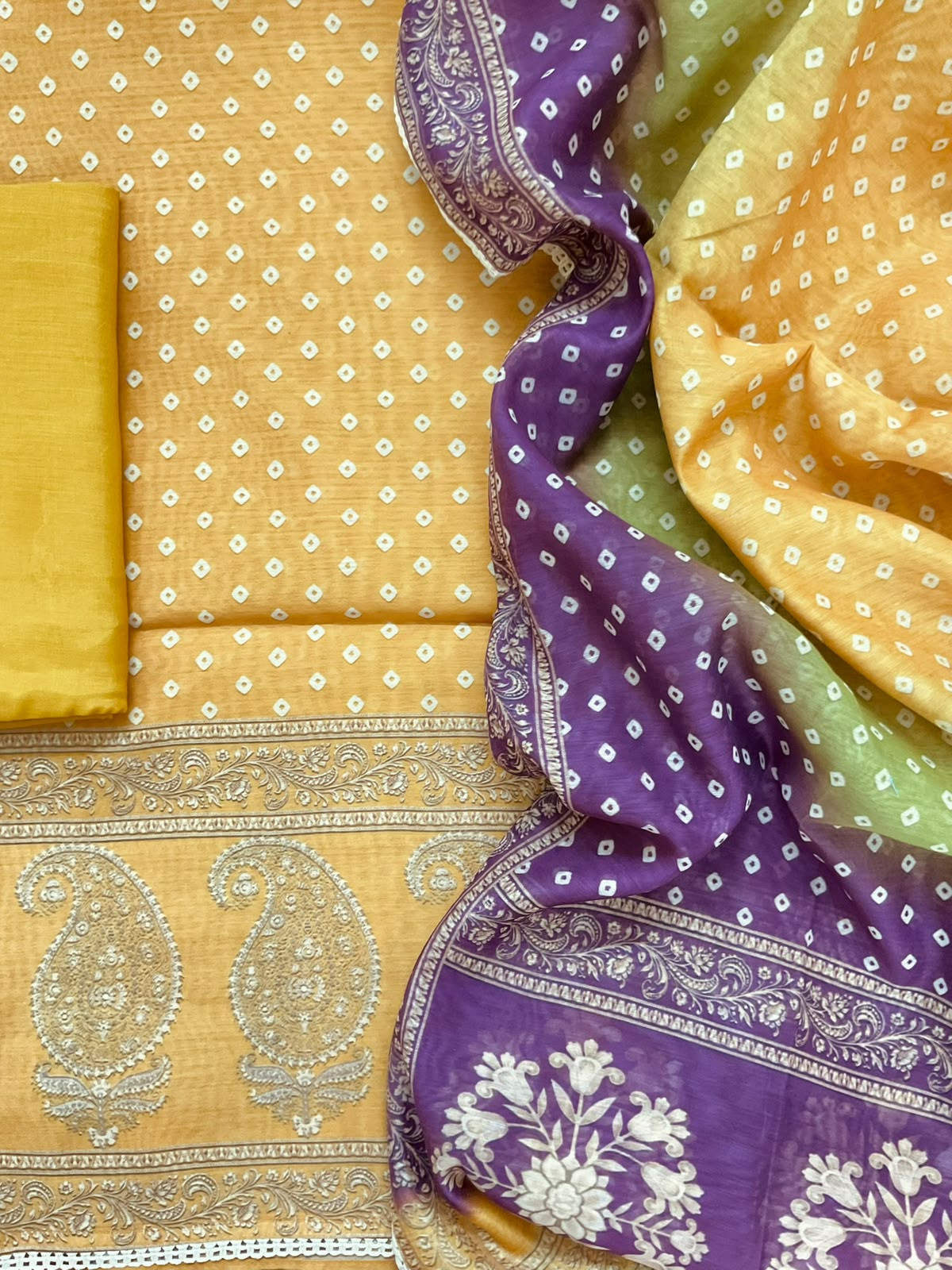 Soft Kora Chanderi Printed Embroidered Suit - Yellow