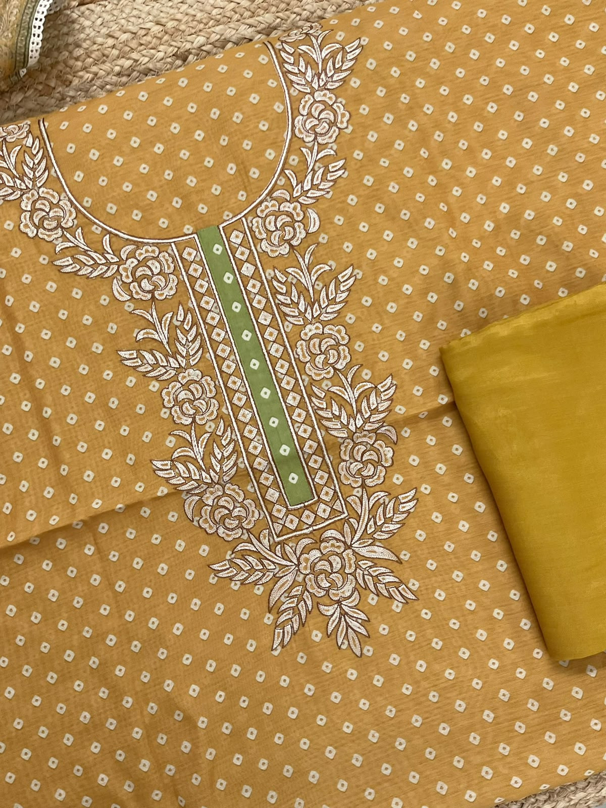 Soft Kora Chanderi Printed Embroidered Suit - Yellow