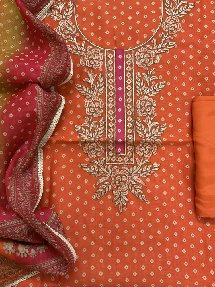 Image of Soft Kora Chanderi Printed Embroidered Suit - Orange