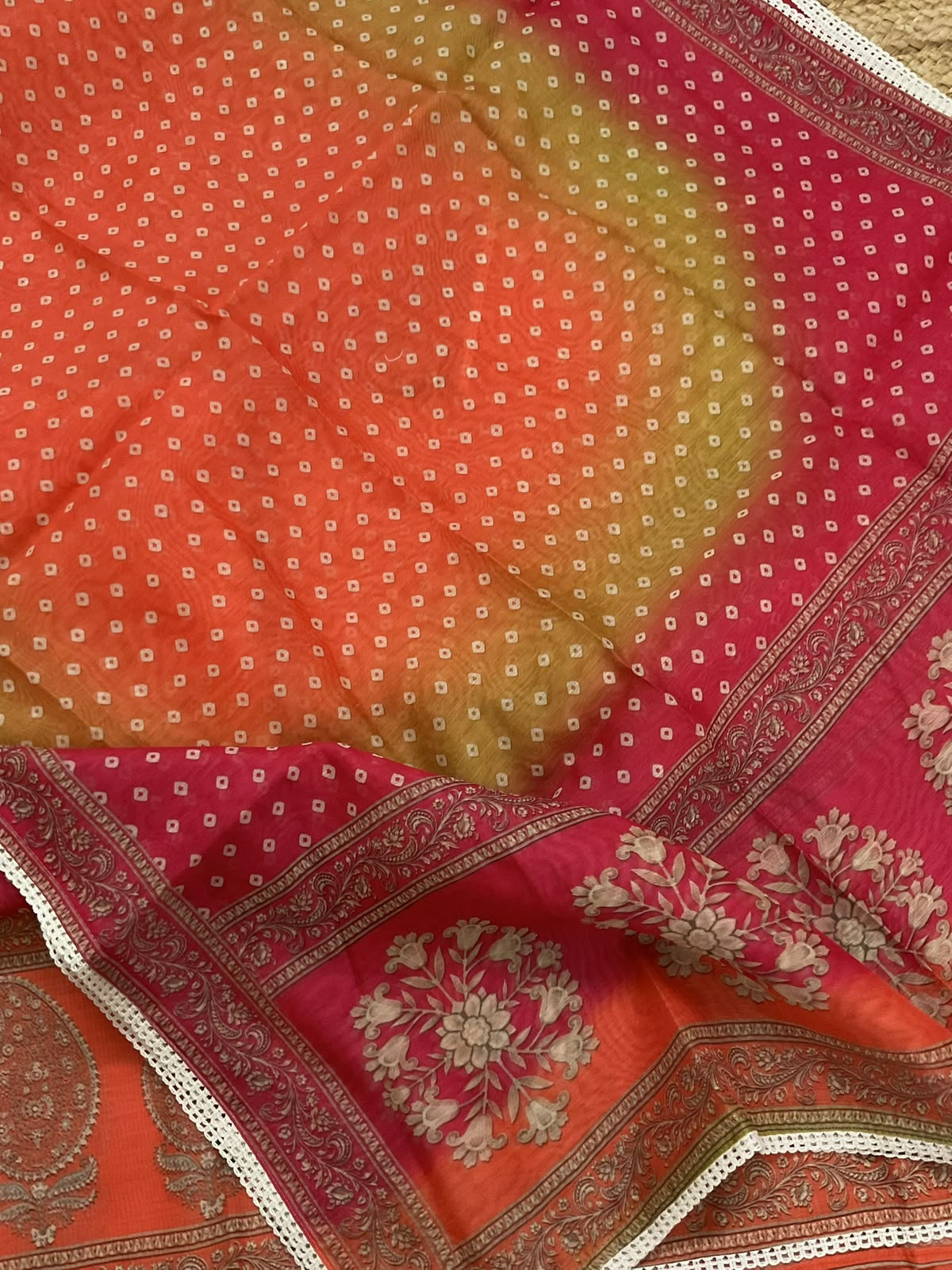 Soft Kora Chanderi Printed Embroidered Suit - Orange