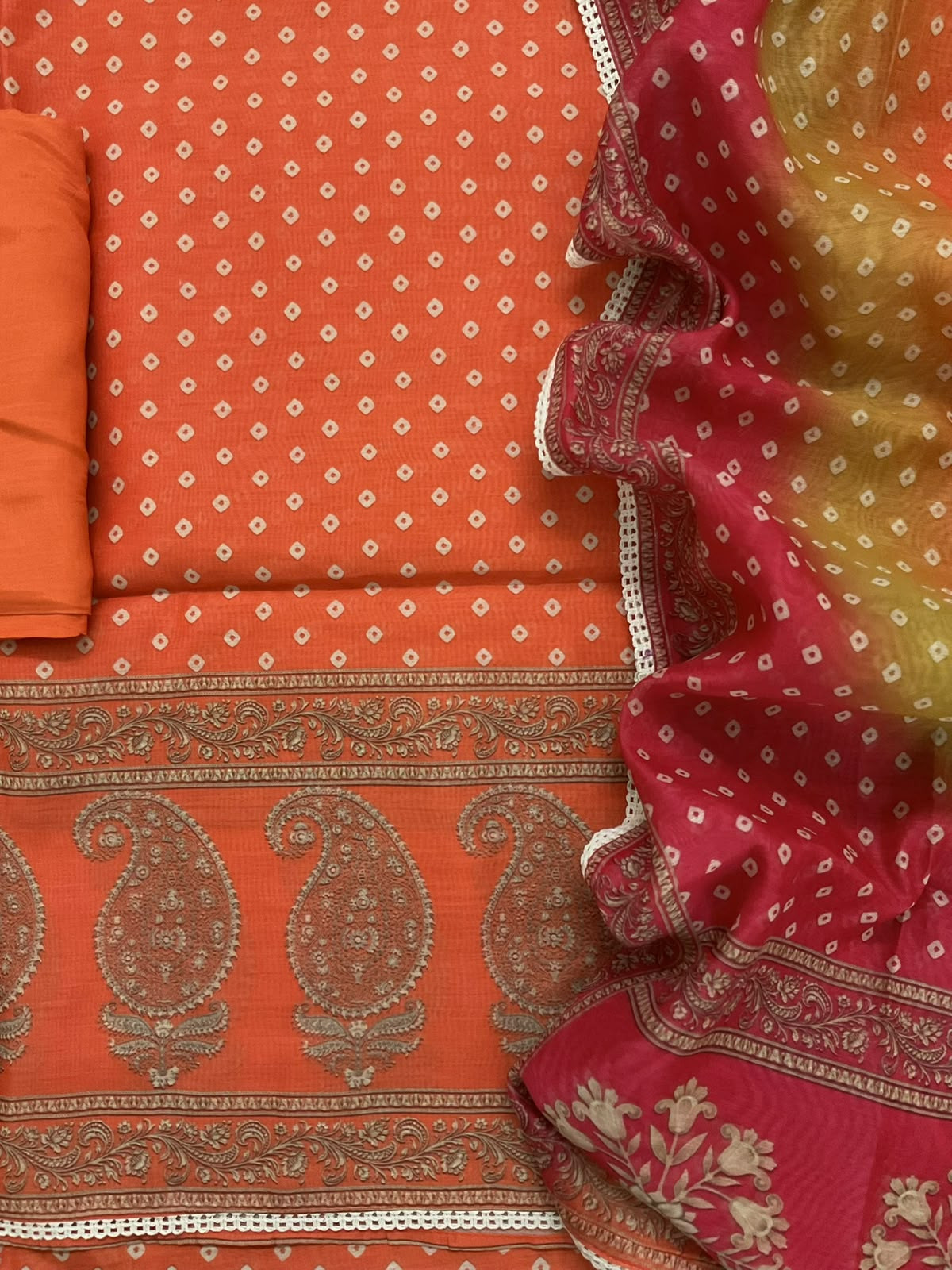 Soft Kora Chanderi Printed Embroidered Suit - Orange
