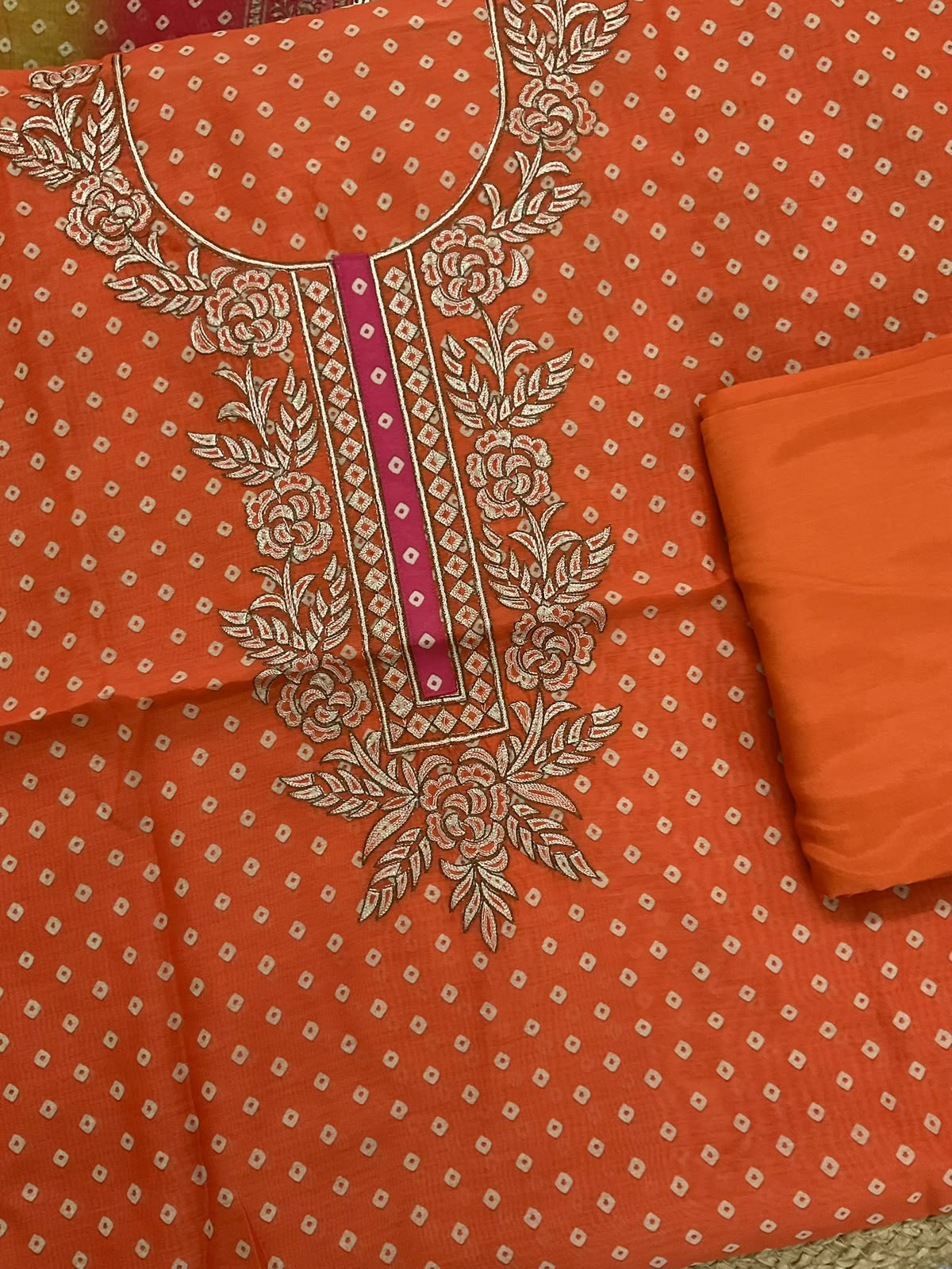 Soft Kora Chanderi Printed Embroidered Suit - Orange