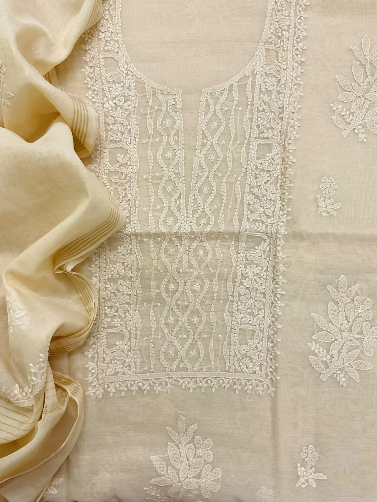 Pure Chanderi Embroidered Suit - Cream