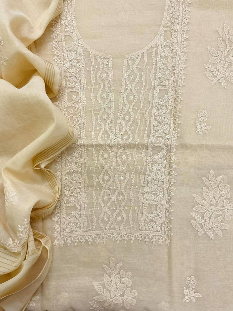 Image of Pure Chanderi Embroidered Suit - Cream