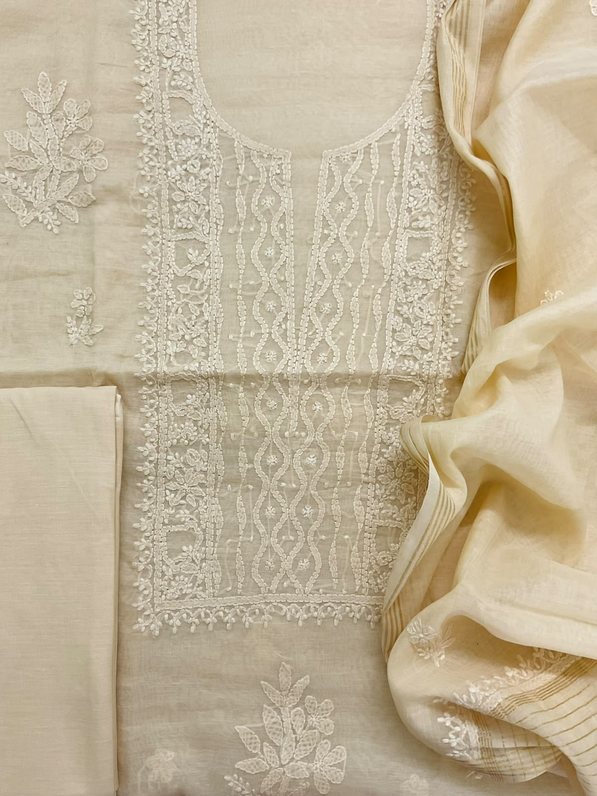 Pure Chanderi Embroidered Suit - Cream