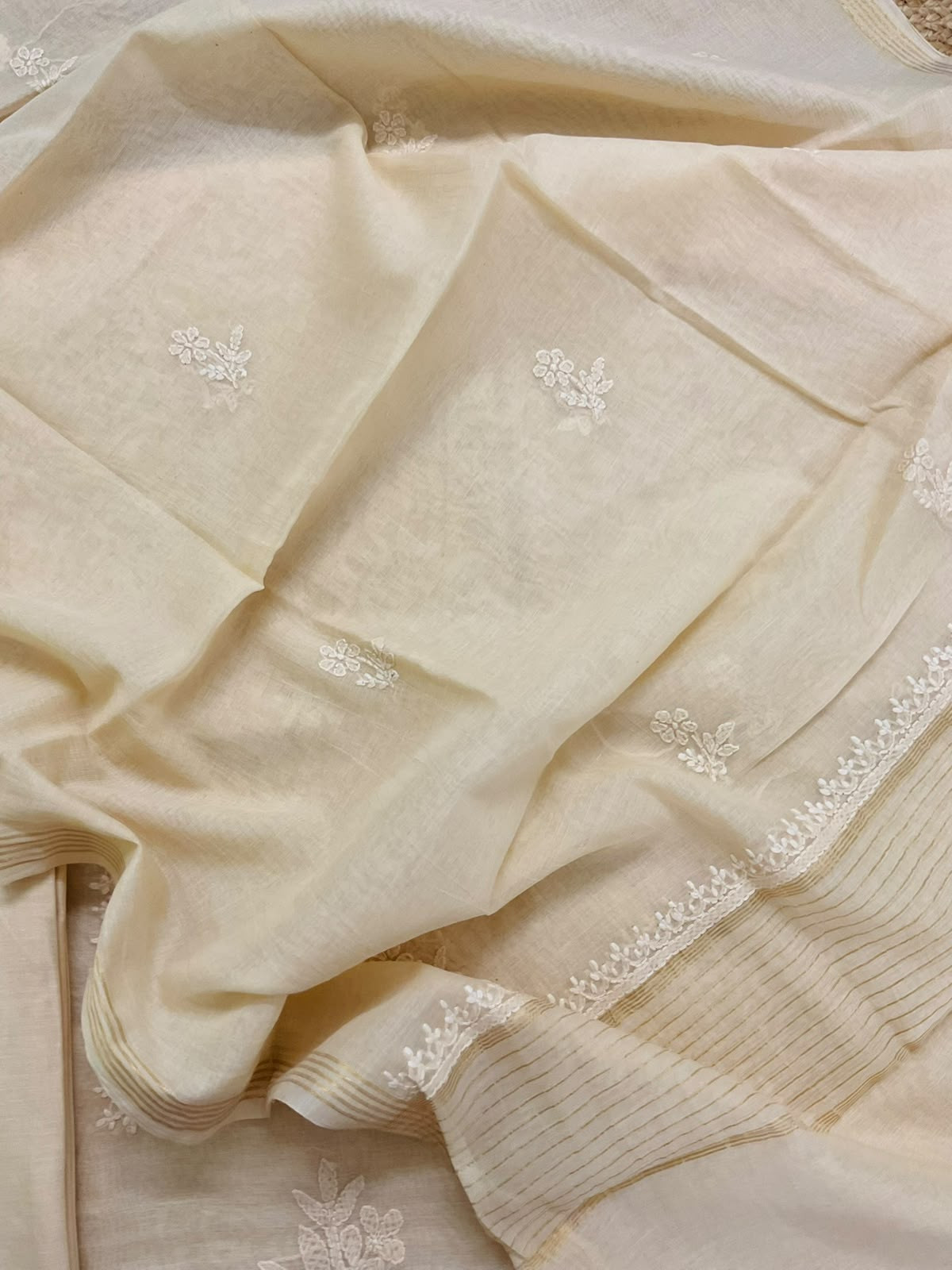 Pure Chanderi Embroidered Suit - Cream