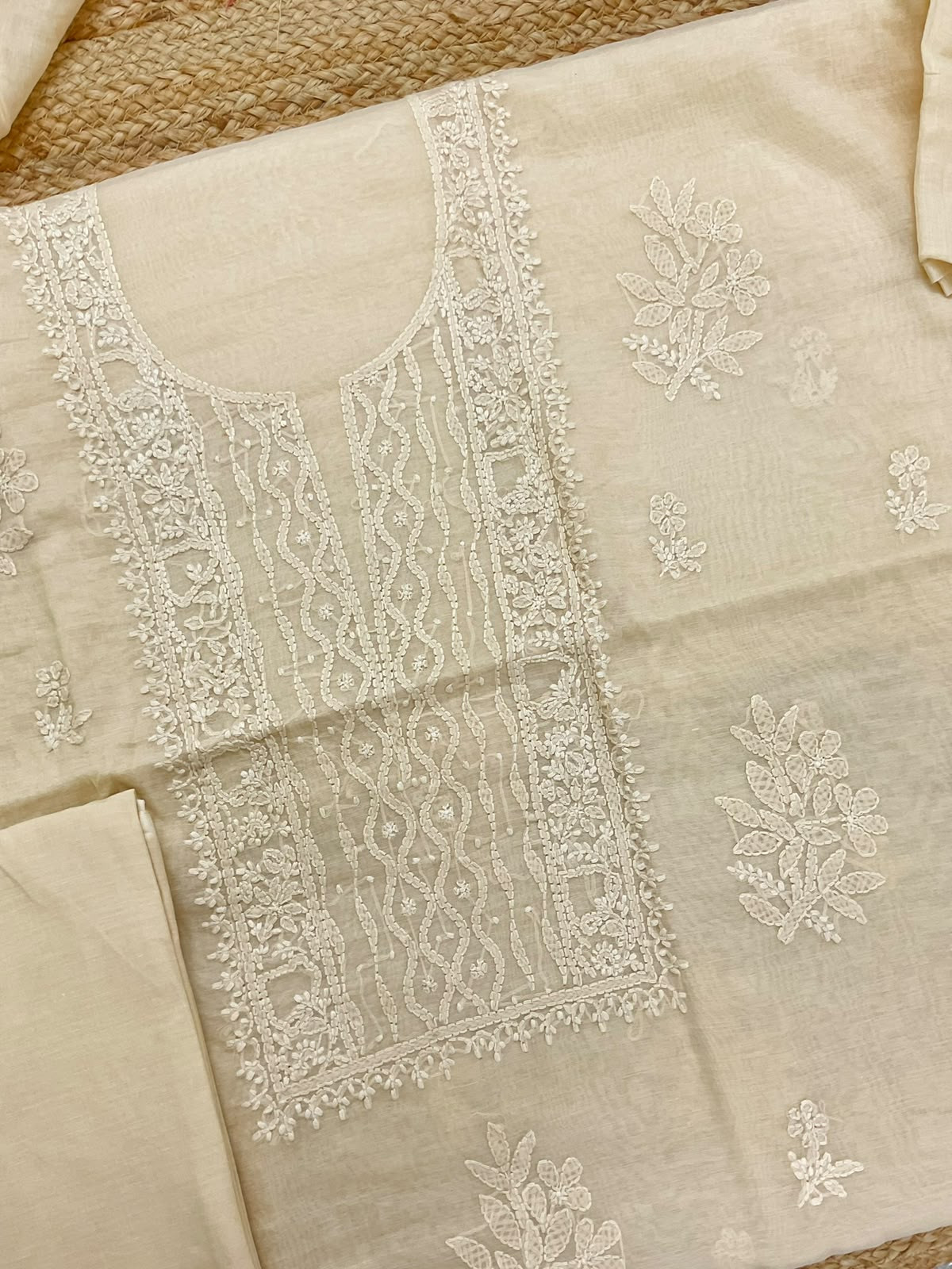 Pure Chanderi Embroidered Suit - Cream