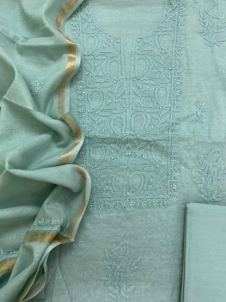 Image of Pure Chanderi Embroidered Suit - Sea Green