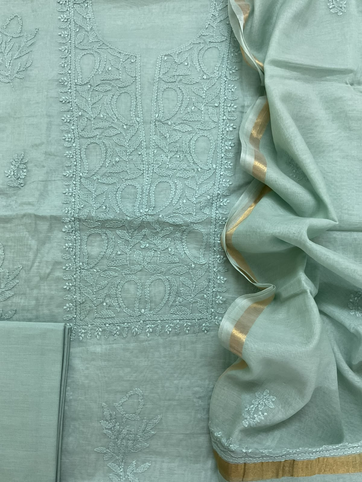 Pure Chanderi Embroidered Suit - Sea Green
