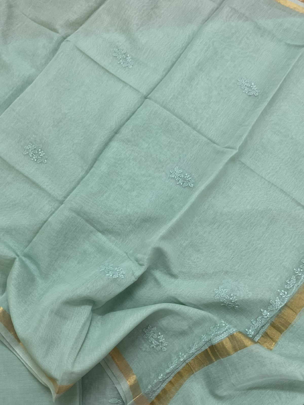 Pure Chanderi Embroidered Suit - Sea Green