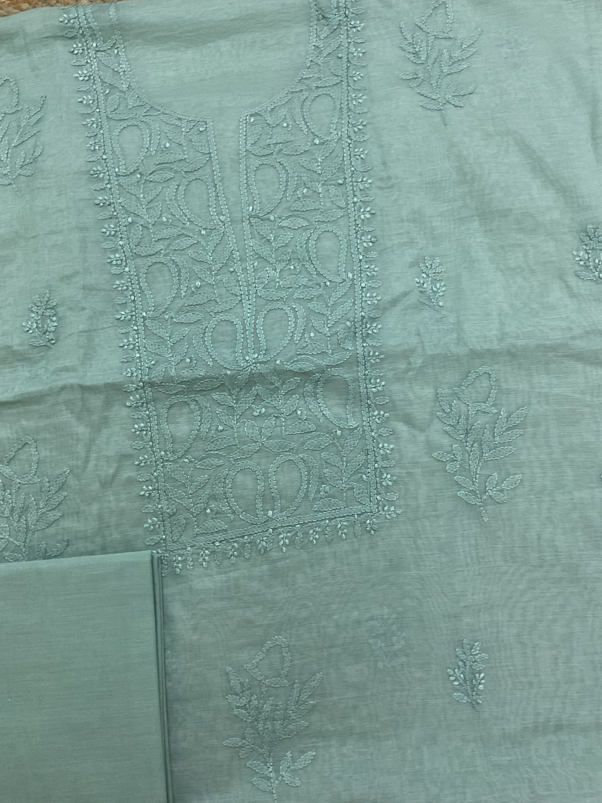 Pure Chanderi Embroidered Suit - Sea Green